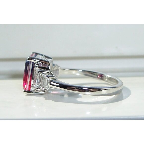 925 STERLING SILVER Bicolor Cubic Zirconia & Baguette Ring Blue & Pink - Picture 9 of 16